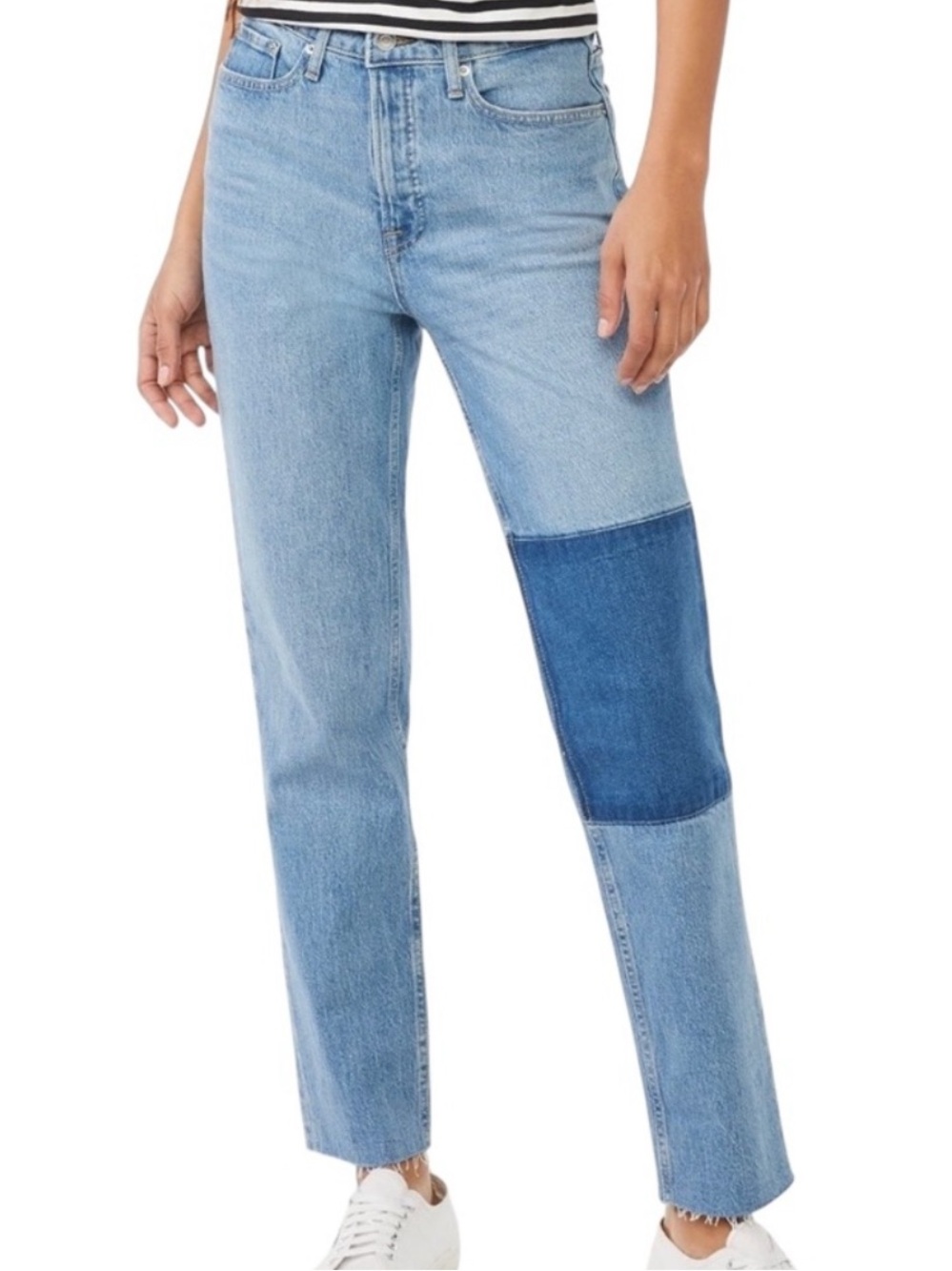 Free Assembly Patchwork High Rise Straight Leg Jeans Size 12 Color block Denim